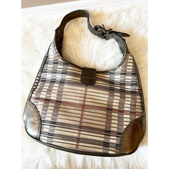 Burberry Olive Green Nova Check PVC and Patent Leather Brooke Hobo - Picture 3 of 13